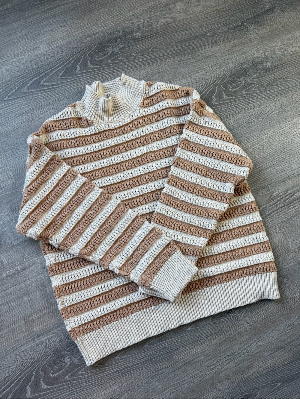 Striped Knit Mock Neck Sweater - Cream & Tan
